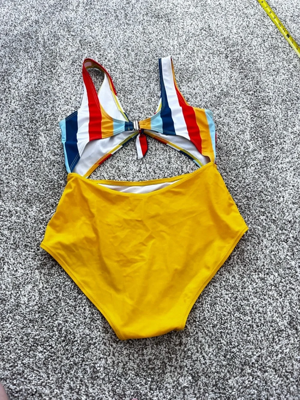 Colorblock One Piece Swimsuit Small Cutout Tie Front Yellow Striped Retro